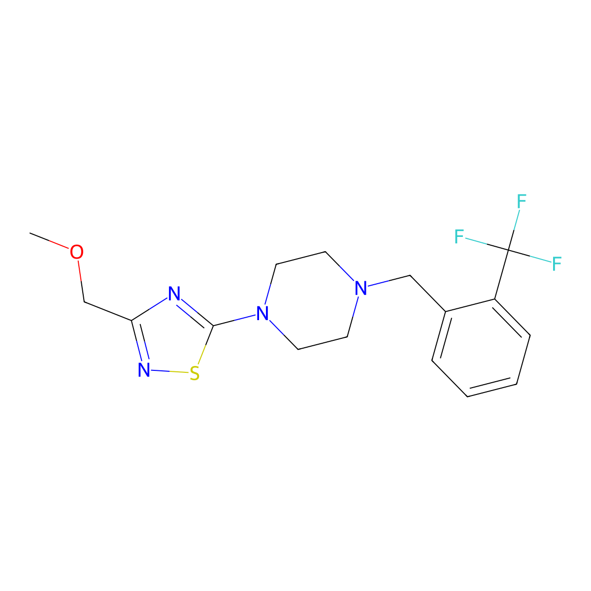 1-[3-(Methoxymethyl)-1,2,4-thiadiazol-5-yl]-4-{[2-(trifluoromethyl)phenyl]methyl}piperazine molecular structure, CAS 2770621-86-6