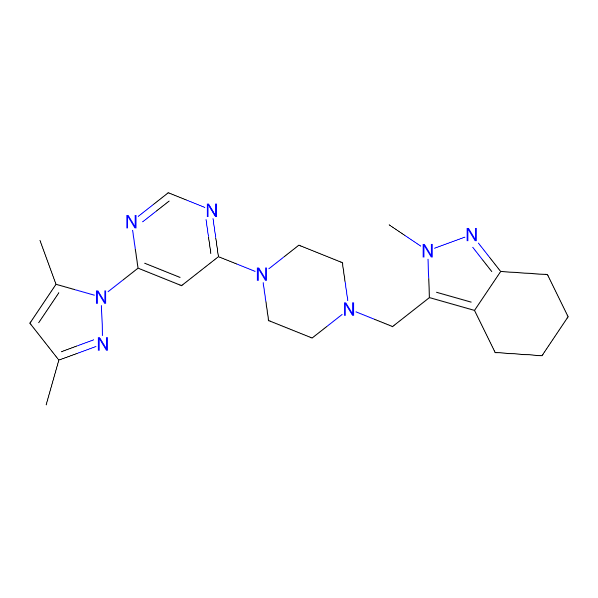 3-({4-[6-(3,5-dimethyl-1H-pyrazol-1-yl)pyrimidin-4-yl]piperazin-1-yl}methyl)-2-methyl-4,5,6,7-tetrahydro-2H-indazole molecular structure, CAS 2770621-91-3