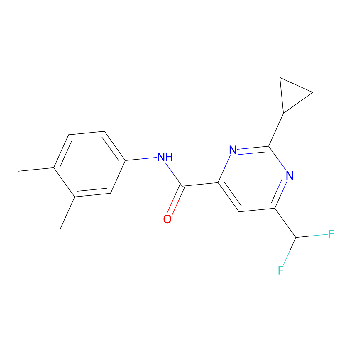 2-cyclopropyl-6-(difluoromethyl)-N-(3,4-dimethylphenyl)pyrimidine-4-carboxamide molecular structure, CAS 2770622-02-9