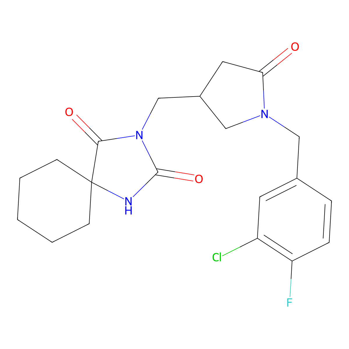 3-({1-[(3-Chloro-4-fluorophenyl)methyl]-5-oxopyrrolidin-3-yl}methyl)-1,3-diazaspiro[4.5]decane-2,4-dione molecular structure, CAS 2770622-12-1