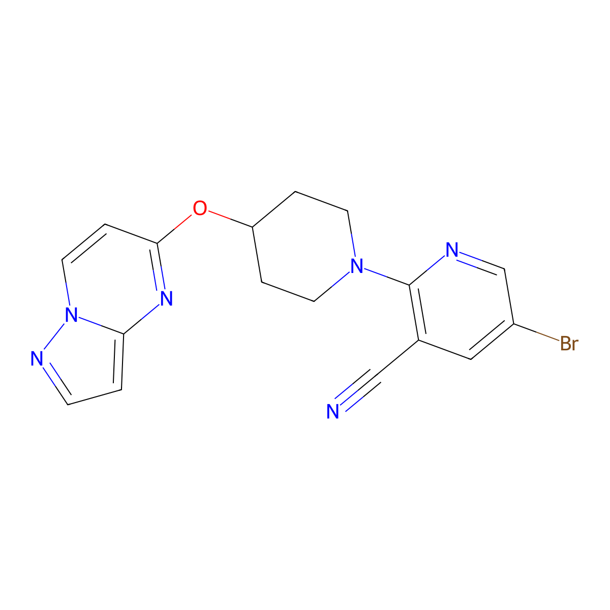 5-Bromo-2-(4-{pyrazolo[1,5-a]pyrimidin-5-yloxy}piperidin-1-yl)pyridine-3-carbonitrile molecular structure, CAS 2770622-49-4