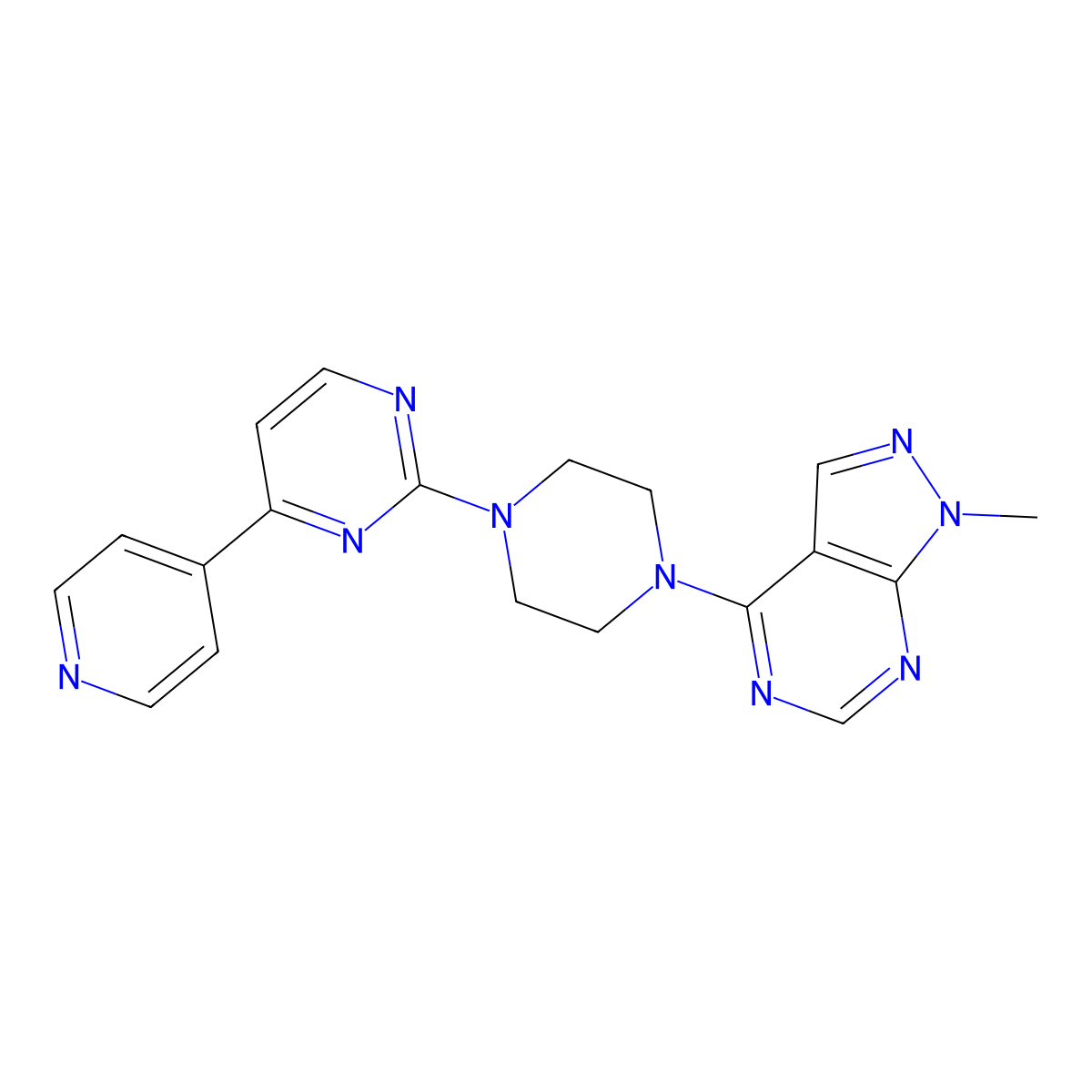 2-(4-{1-methyl-1H-pyrazolo[3,4-d]pyrimidin-4-yl}piperazin-1-yl)-4-(pyridin-4-yl)pyrimidine molecular structure, CAS 2770622-59-6