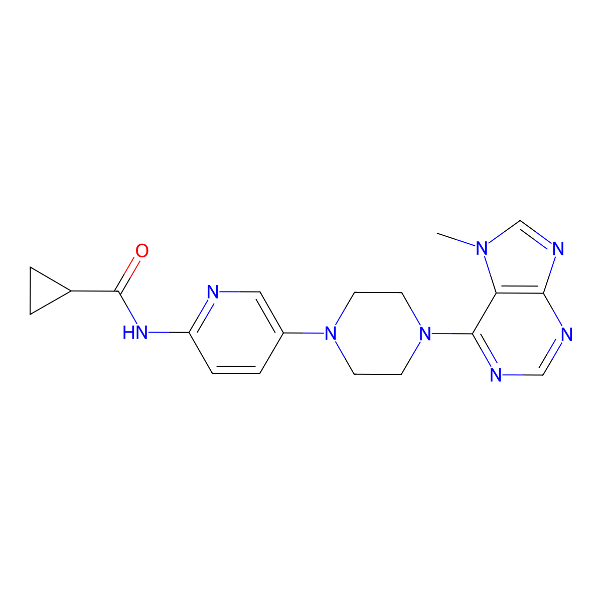 N-{5-[4-(7-methyl-7H-purin-6-yl)piperazin-1-yl]pyridin-2-yl}cyclopropanecarboxamide molecular structure, CAS 2770622-65-4