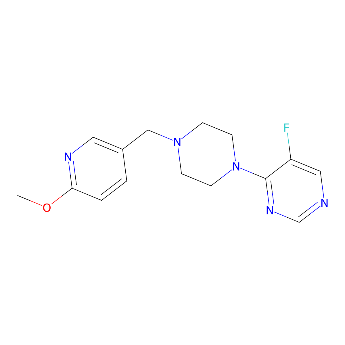 5-Fluoro-4-{4-[(6-methoxypyridin-3-yl)methyl]piperazin-1-yl}pyrimidine molecular structure, CAS 2770622-68-7