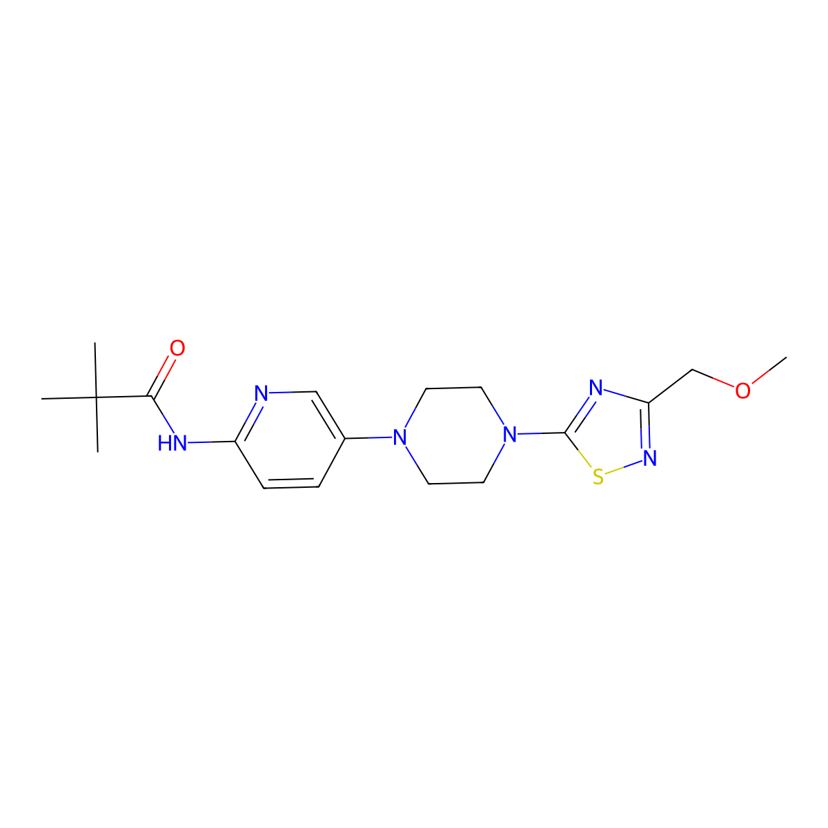 N-(5-{4-[3-(methoxymethyl)-1,2,4-thiadiazol-5-yl]piperazin-1-yl}pyridin-2-yl)-2,2-dimethylpropanamide molecular structure, CAS 2770622-76-7