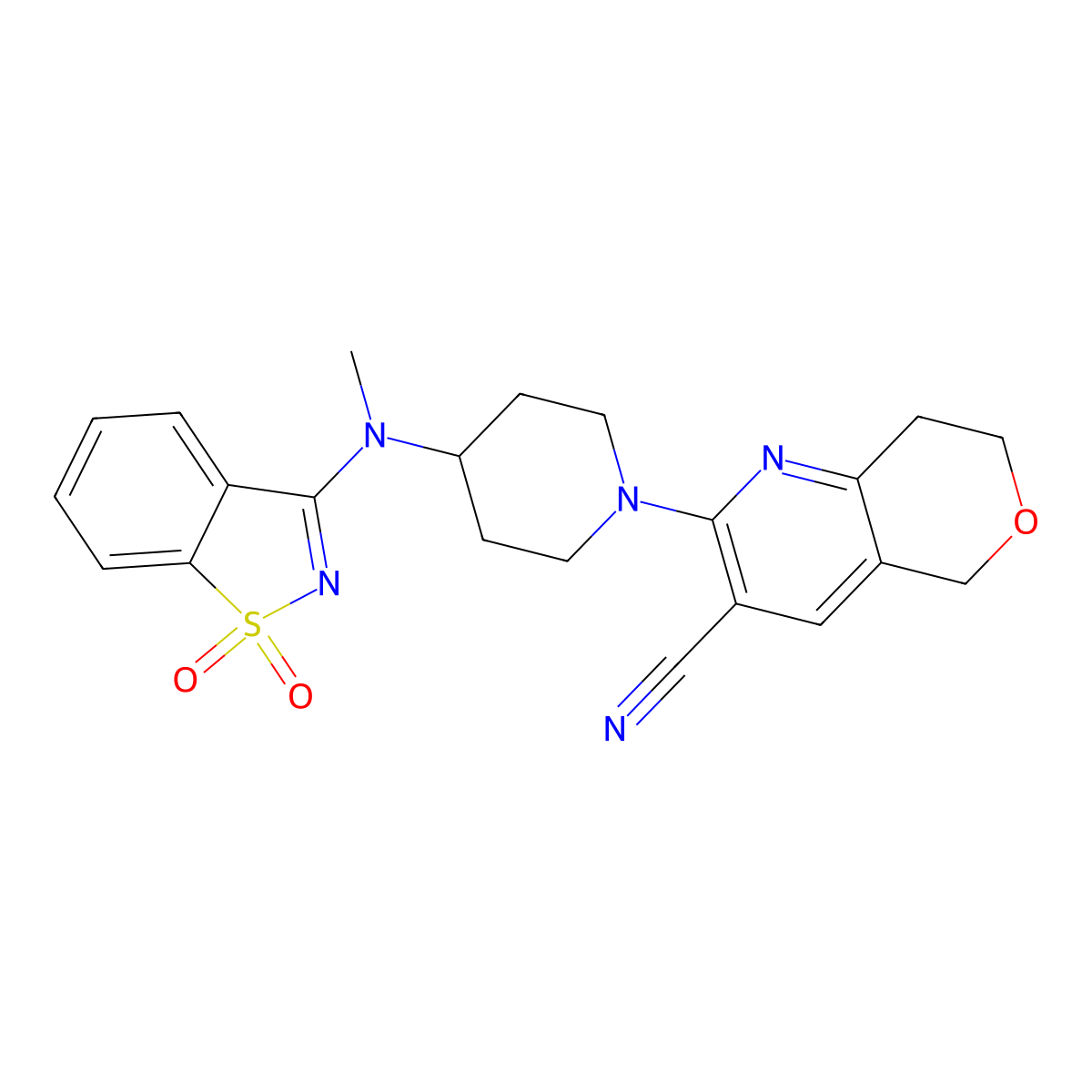 2-[4-[(1,1-dioxo-1,2-benzothiazol-3-yl)-methylamino]piperidin-1-yl]-7,8-dihydro-5H-pyrano[4,3-b]pyridine-3-carbonitrile molecular structure, CAS 2770622-81-4