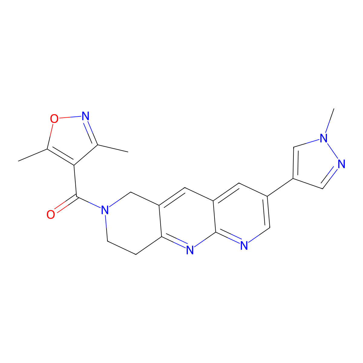 3,5-dimethyl-4-[3-(1-methyl-1H-pyrazol-4-yl)-6H,7H,8H,9H-pyrido[2,3-b]1,6-naphthyridine-7-carbonyl]-1,2-oxazole molecular structure, CAS 2770622-85-8