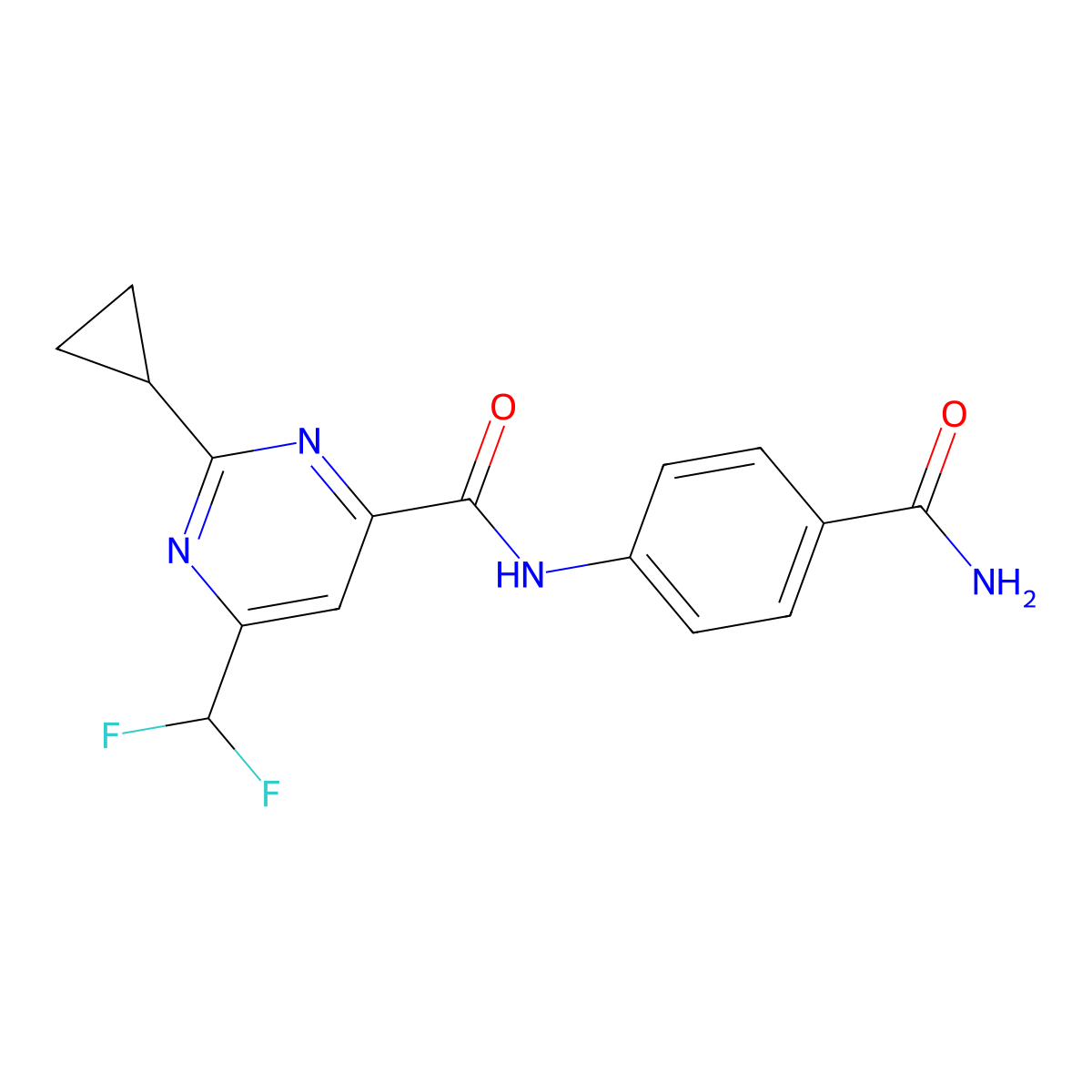 N-(4-carbamoylphenyl)-2-cyclopropyl-6-(difluoromethyl)pyrimidine-4-carboxamide molecular structure, CAS 2770622-89-2