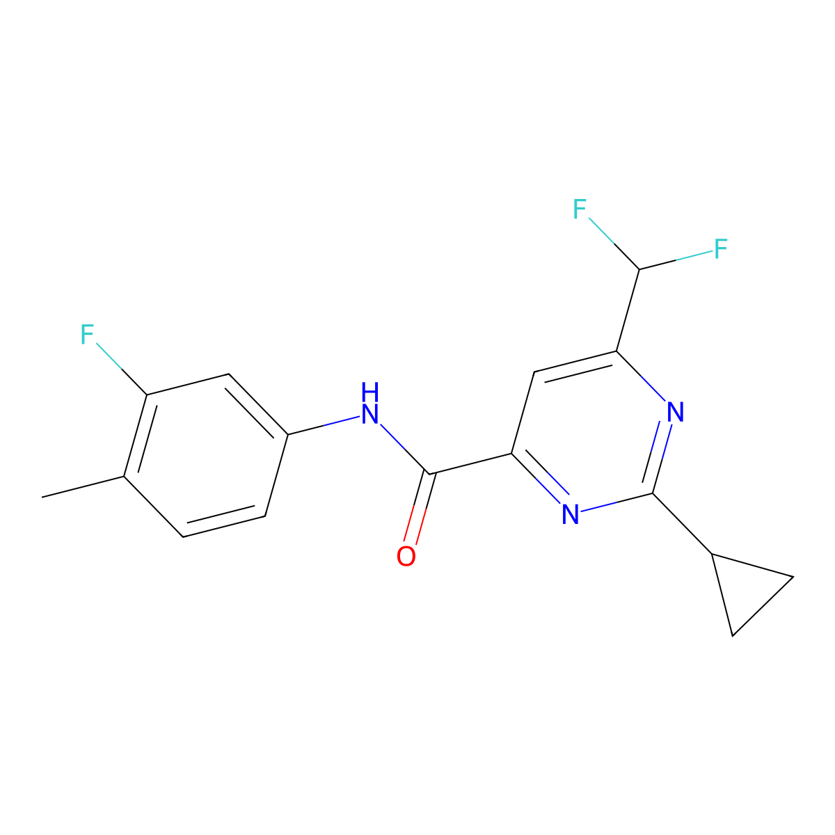 2-cyclopropyl-6-(difluoromethyl)-N-(3-fluoro-4-methylphenyl)pyrimidine-4-carboxamide molecular structure, CAS 2770622-92-7