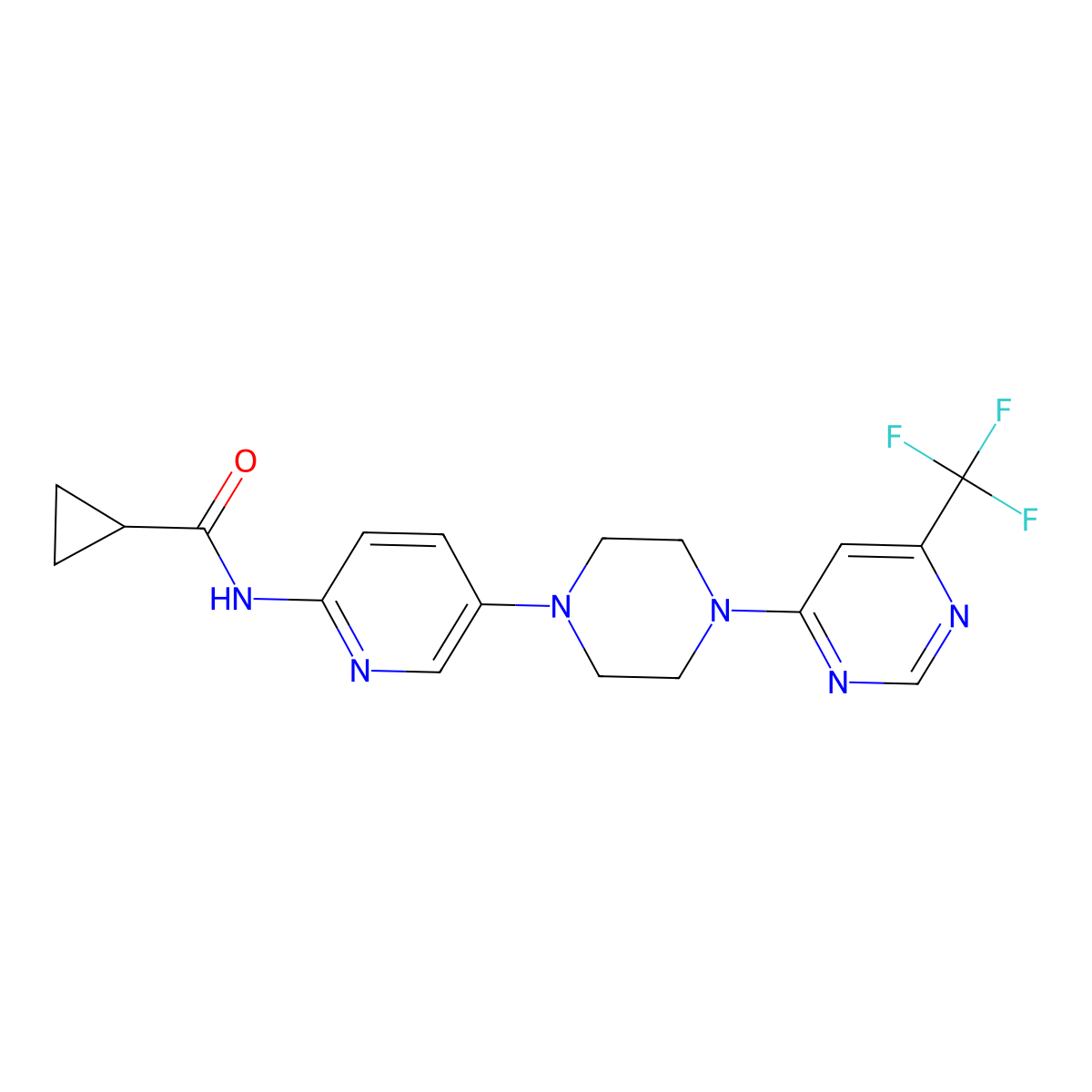 N-(5-{4-[6-(trifluoromethyl)pyrimidin-4-yl]piperazin-1-yl}pyridin-2-yl)cyclopropanecarboxamide molecular structure, CAS 2770623-01-1