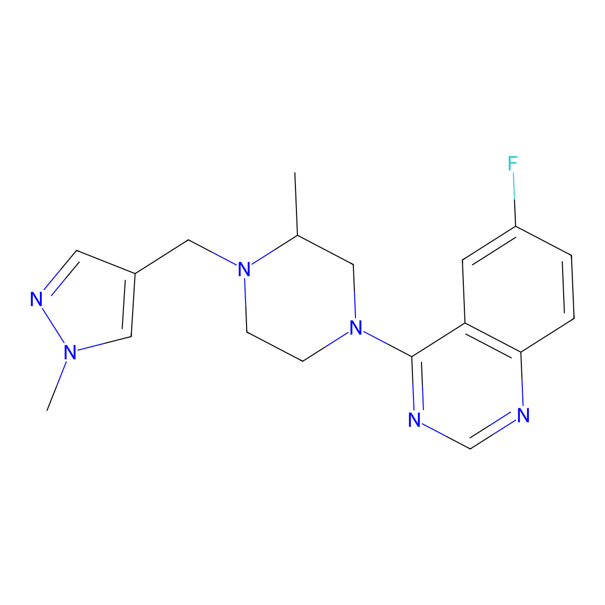 6-fluoro-4-{3-methyl-4-[(1-methyl-1H-pyrazol-4-yl)methyl]piperazin-1-yl}quinazoline molecular structure, CAS 2770623-02-2