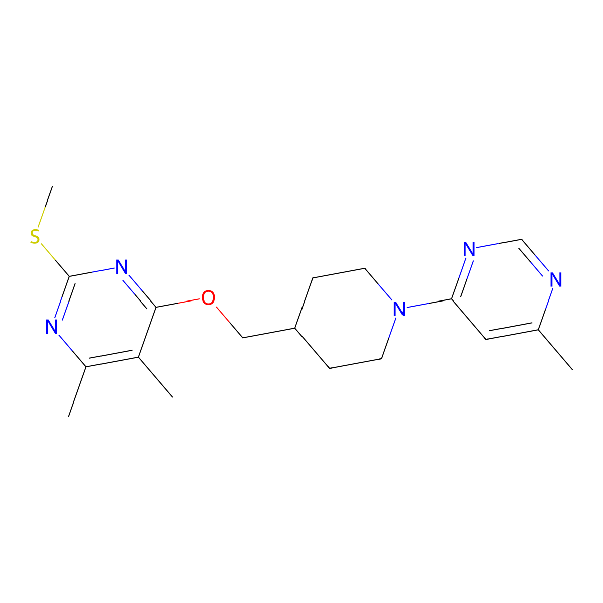 4,5-Dimethyl-6-{[1-(6-methylpyrimidin-4-yl)piperidin-4-yl]methoxy}-2-(methylsulfanyl)pyrimidine molecular structure, CAS 2770623-25-9