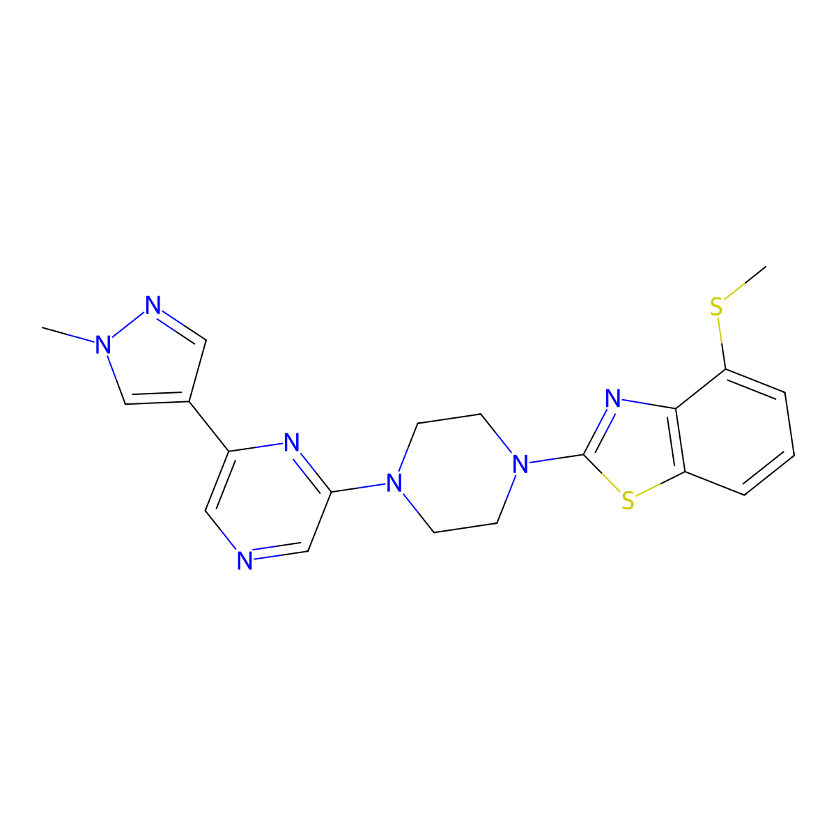 2-[4-[6-(1-Methylpyrazol-4-yl)pyrazin-2-yl]piperazin-1-yl]-4-methylsulfanyl-1,3-benzothiazole molecular structure, CAS 2770623-27-1