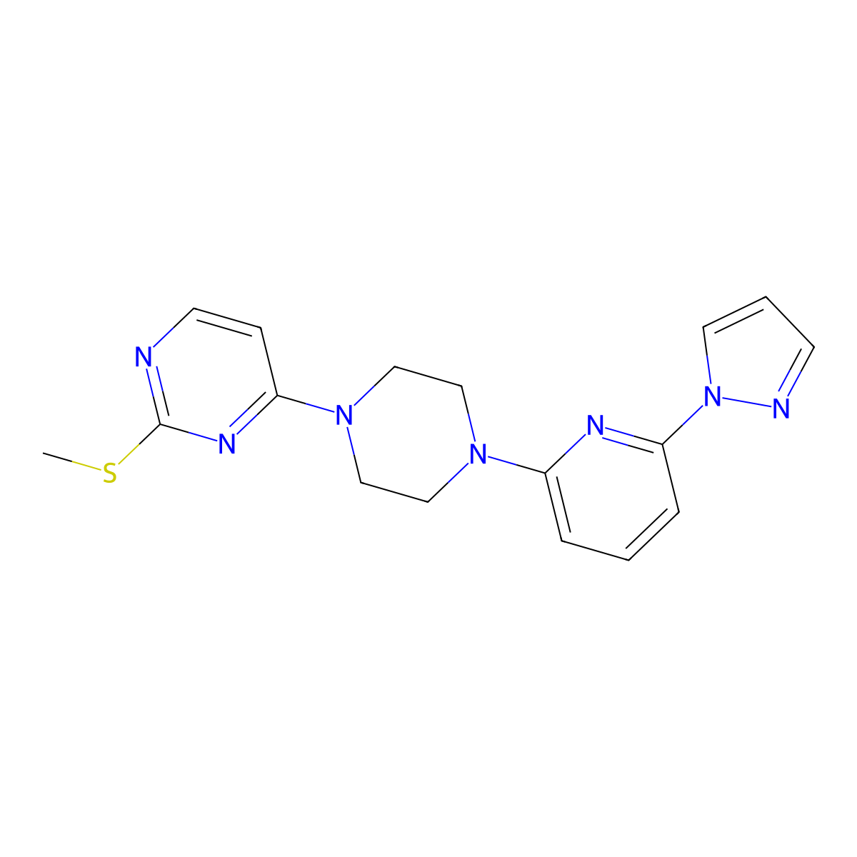 2-(methylsulfanyl)-4-{4-[6-(1H-pyrazol-1-yl)pyridin-2-yl]piperazin-1-yl}pyrimidine molecular structure, CAS 2770623-41-9