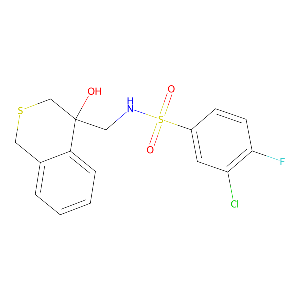 3-chloro-4-fluoro-N-[(4-hydroxy-3,4-dihydro-1H-2-benzothiopyran-4-yl)methyl]benzene-1-sulfonamide molecular structure, CAS 2770623-50-0