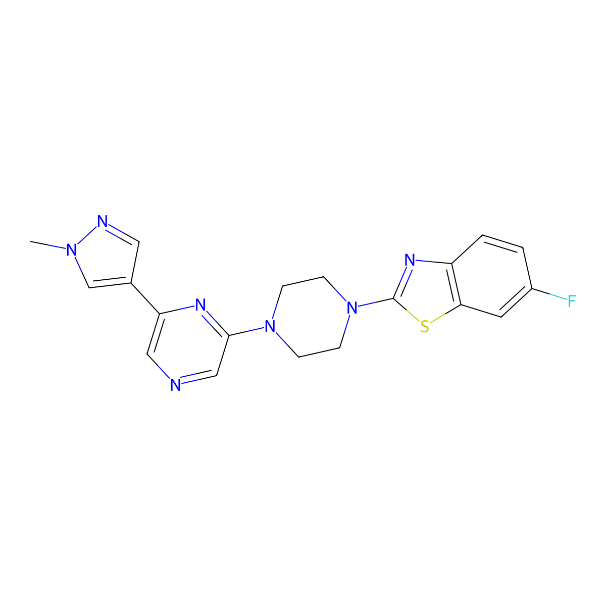 6-fluoro-2-{4-[6-(1-methyl-1H-pyrazol-4-yl)pyrazin-2-yl]piperazin-1-yl}-1,3-benzothiazole molecular structure, CAS 2770623-58-8