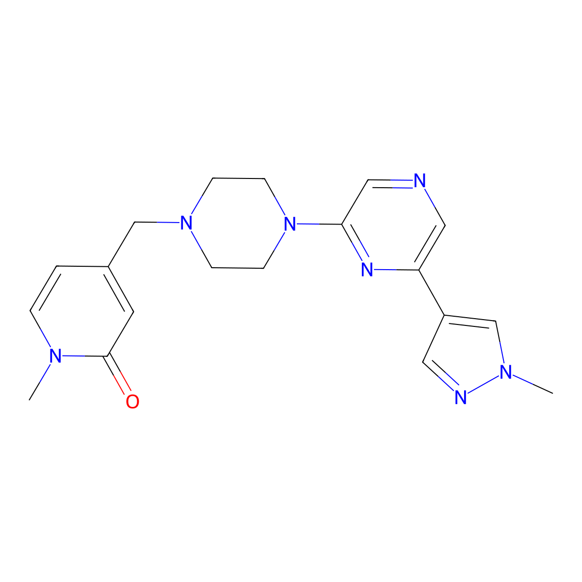 1-methyl-4-({4-[6-(1-methyl-1H-pyrazol-4-yl)pyrazin-2-yl]piperazin-1-yl}methyl)-1,2-dihydropyridin-2-one molecular structure, CAS 2770623-59-9