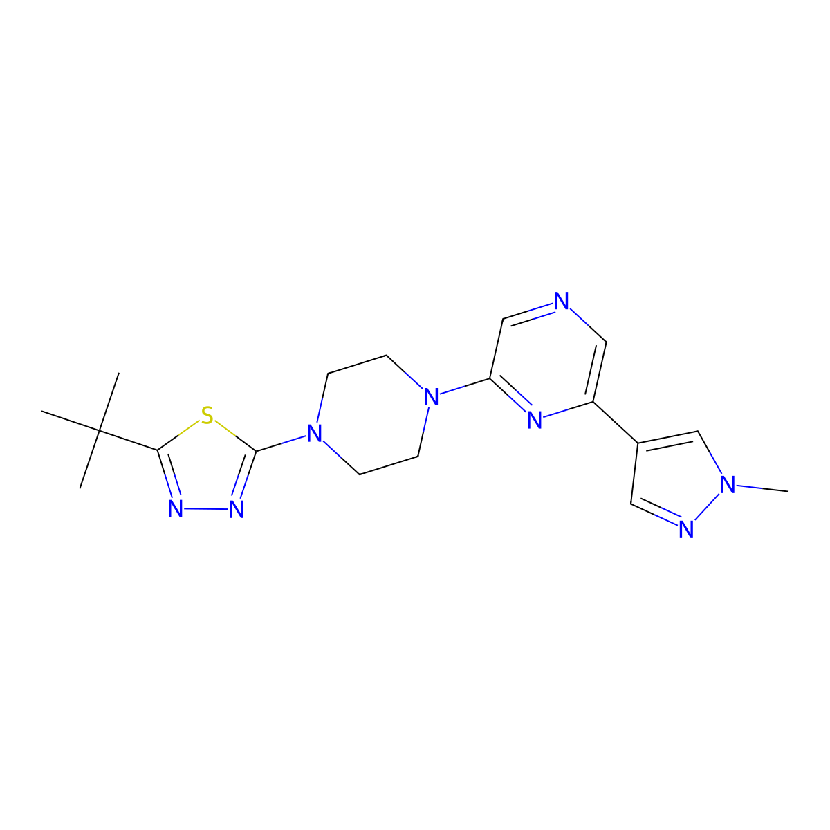 2-[4-(5-tert-butyl-1,3,4-thiadiazol-2-yl)piperazin-1-yl]-6-(1-methyl-1H-pyrazol-4-yl)pyrazine molecular structure, CAS 2770623-74-8