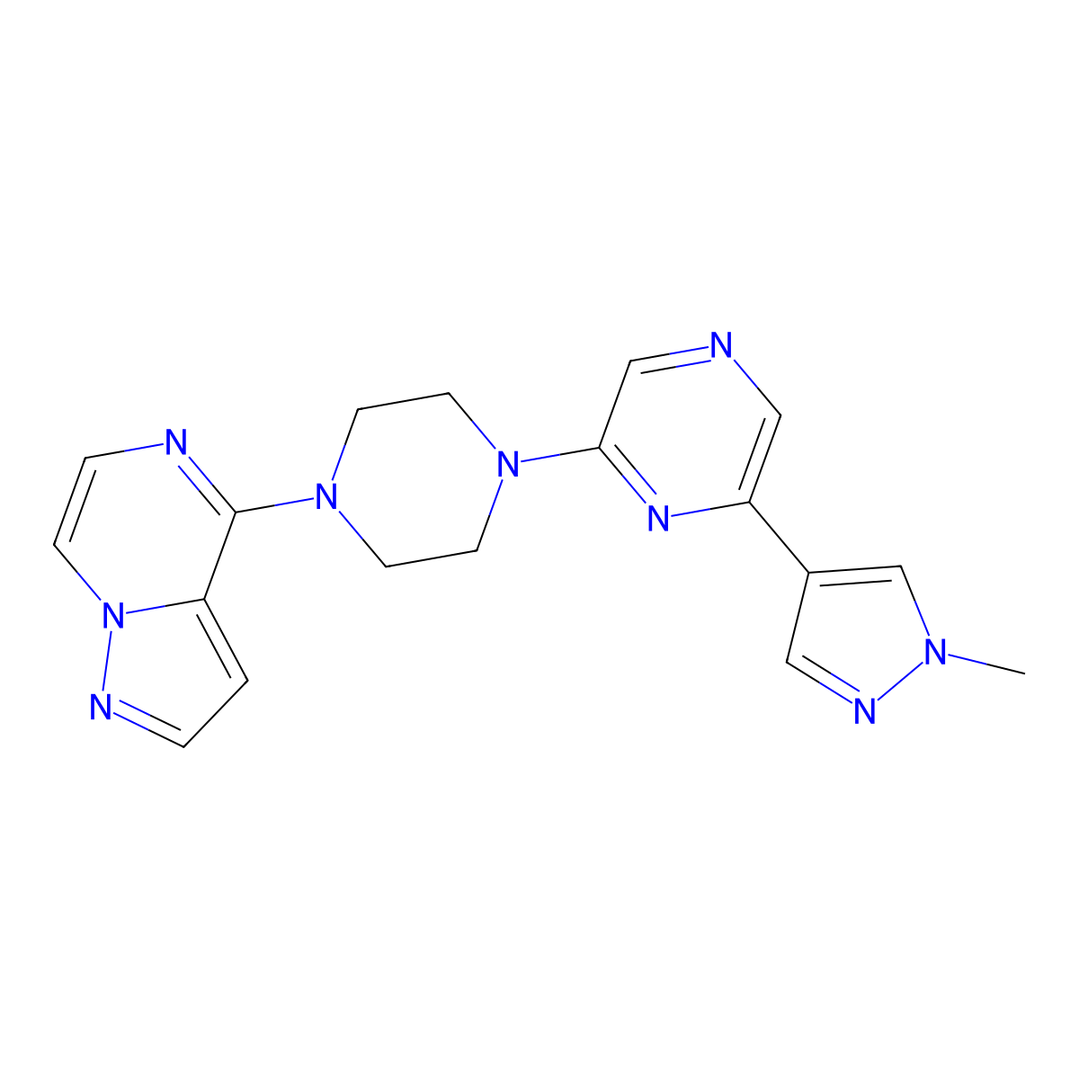 2-(1-methyl-1H-pyrazol-4-yl)-6-(4-{pyrazolo[1,5-a]pyrazin-4-yl}piperazin-1-yl)pyrazine molecular structure, CAS 2770623-78-2