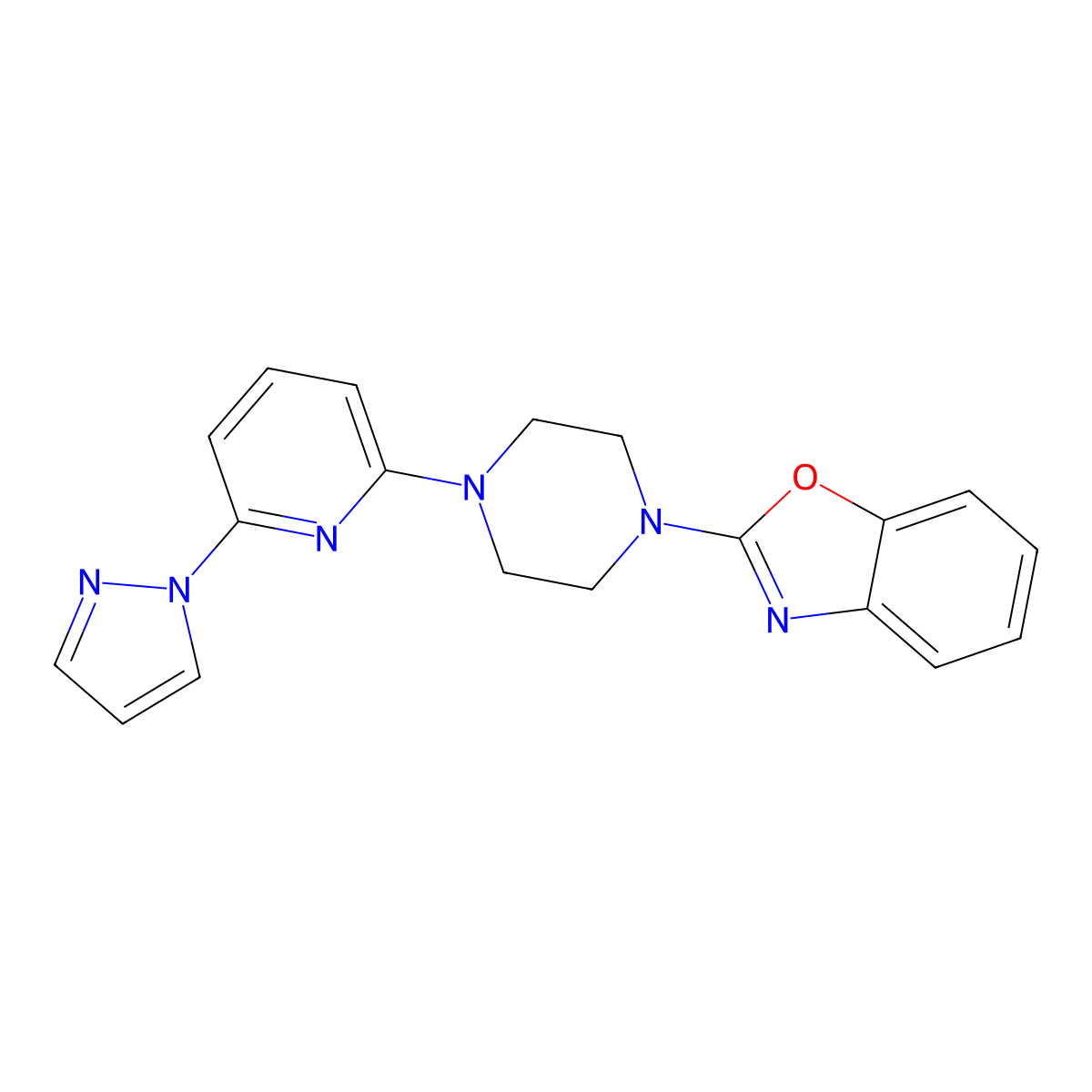 2-{4-[6-(1H-pyrazol-1-yl)pyridin-2-yl]piperazin-1-yl}-1,3-benzoxazole molecular structure, CAS 2770623-83-9