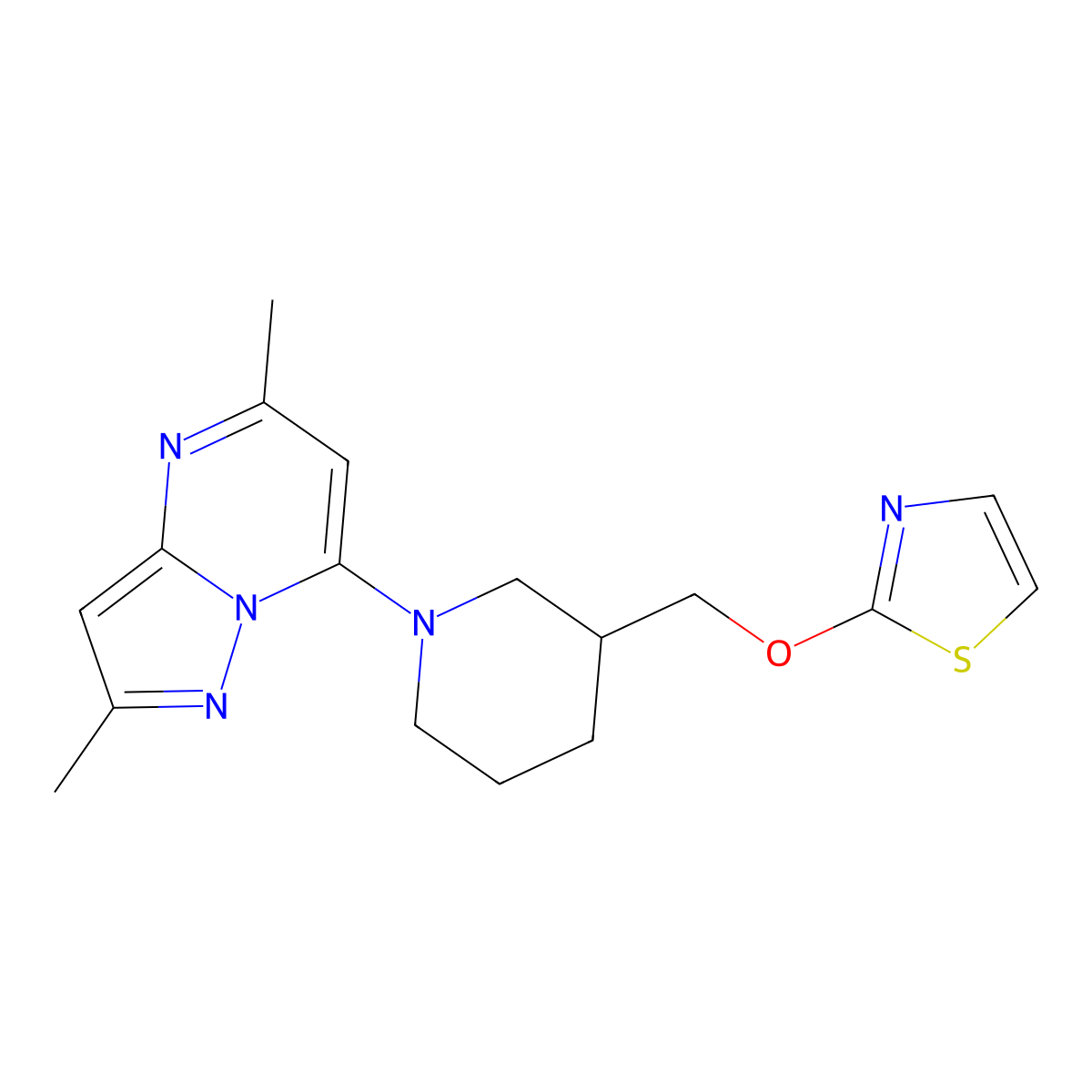 1-{2,5-Dimethylpyrazolo[1,5-a]pyrimidin-7-yl}-3-[(1,3-thiazol-2-yloxy)methyl]piperidine molecular structure, CAS 2770624-01-4