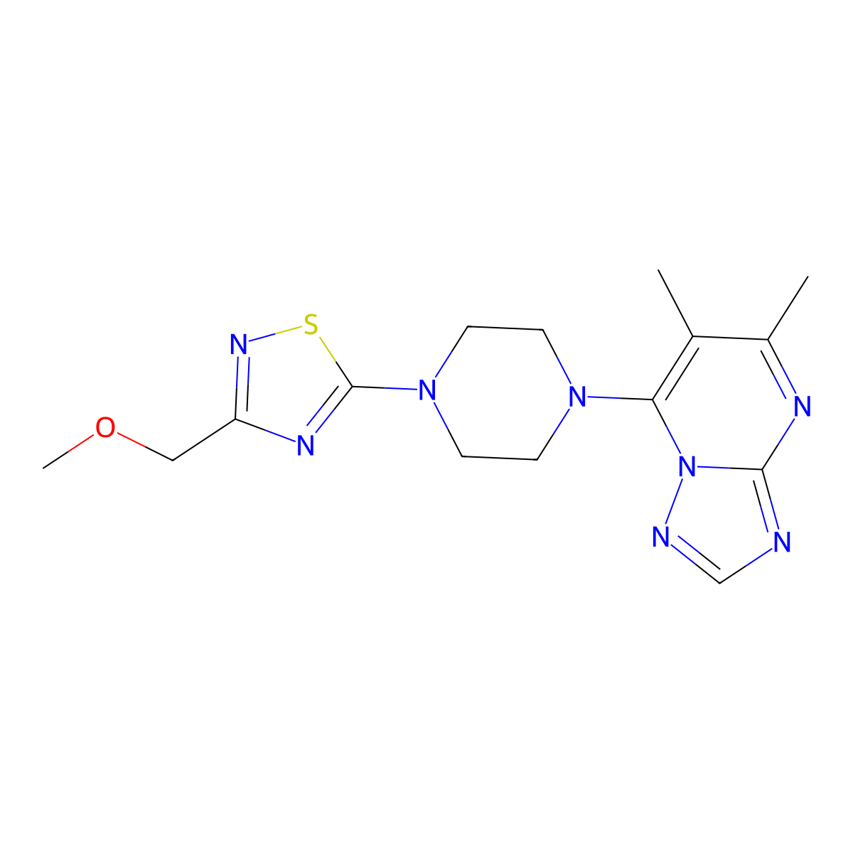 1-{5,6-Dimethyl-[1,2,4]triazolo[1,5-a]pyrimidin-7-yl}-4-[3-(methoxymethyl)-1,2,4-thiadiazol-5-yl]piperazine molecular structure, CAS 2770624-02-5