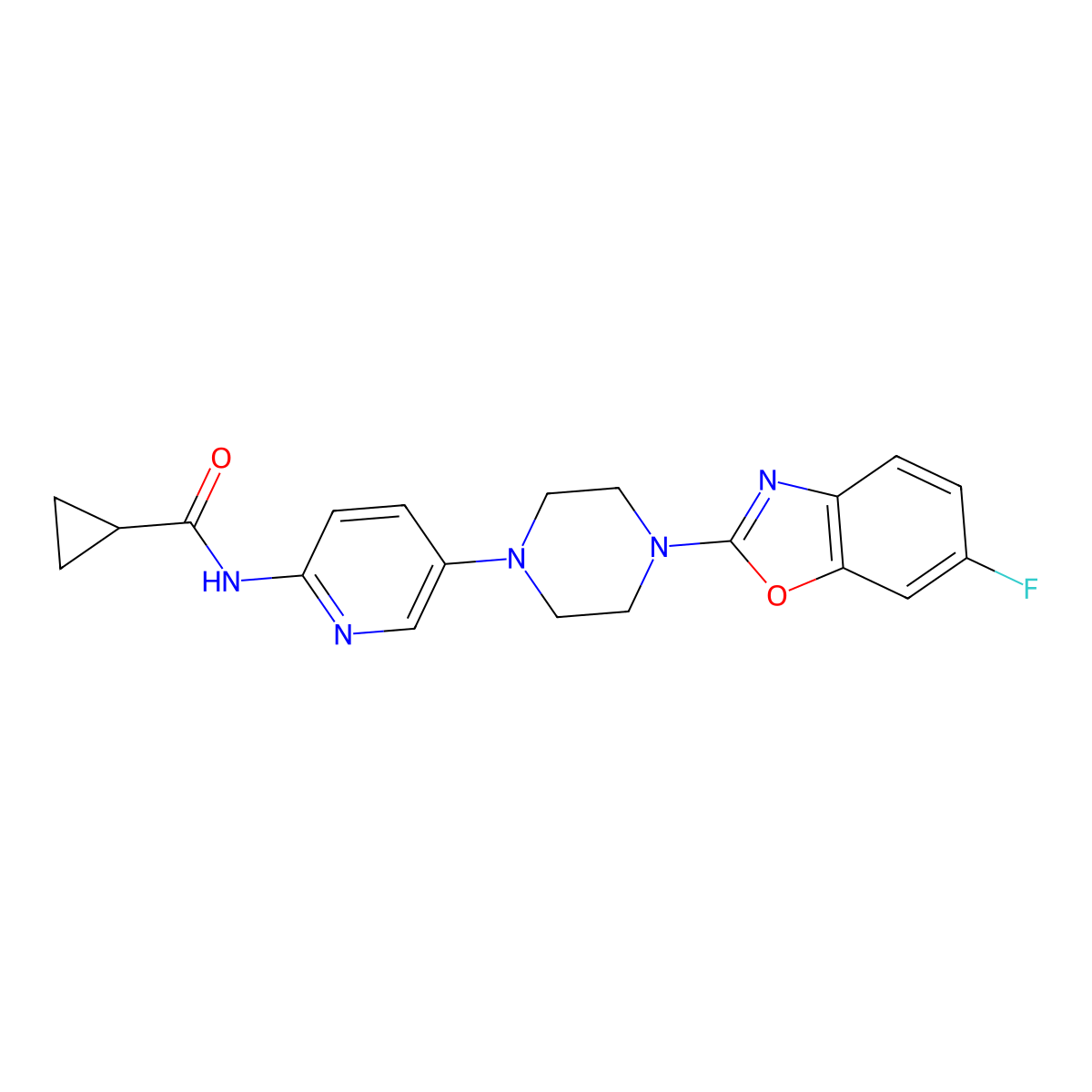 N-{5-[4-(6-fluoro-1,3-benzoxazol-2-yl)piperazin-1-yl]pyridin-2-yl}cyclopropanecarboxamide molecular structure, CAS 2770624-14-9