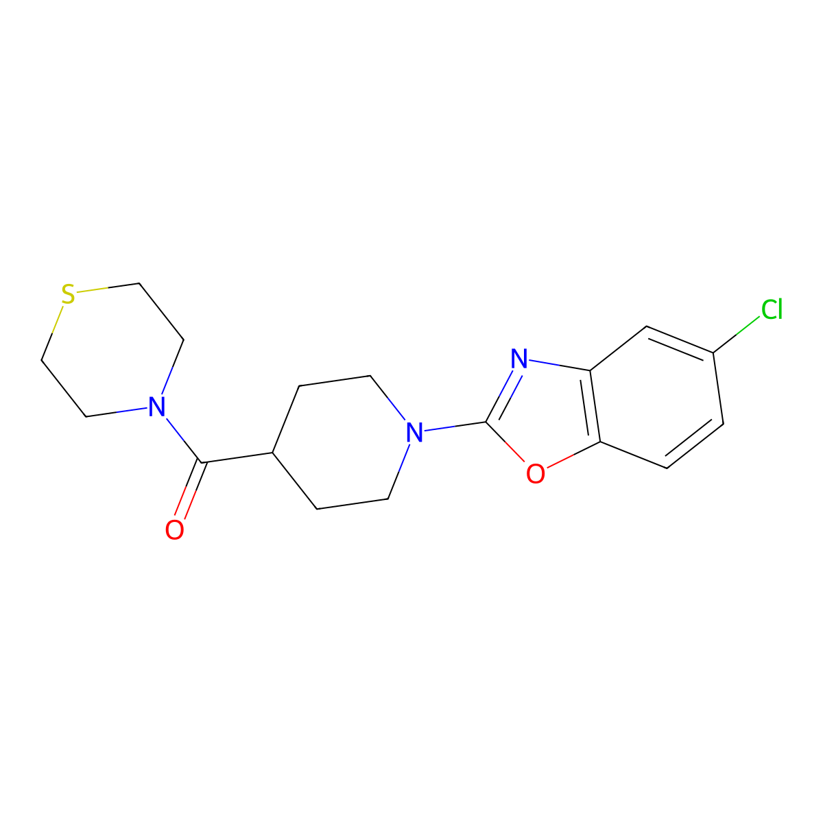 5-Chloro-2-[4-(thiomorpholine-4-carbonyl)piperidin-1-yl]-1,3-benzoxazole molecular structure, CAS 2770624-16-1