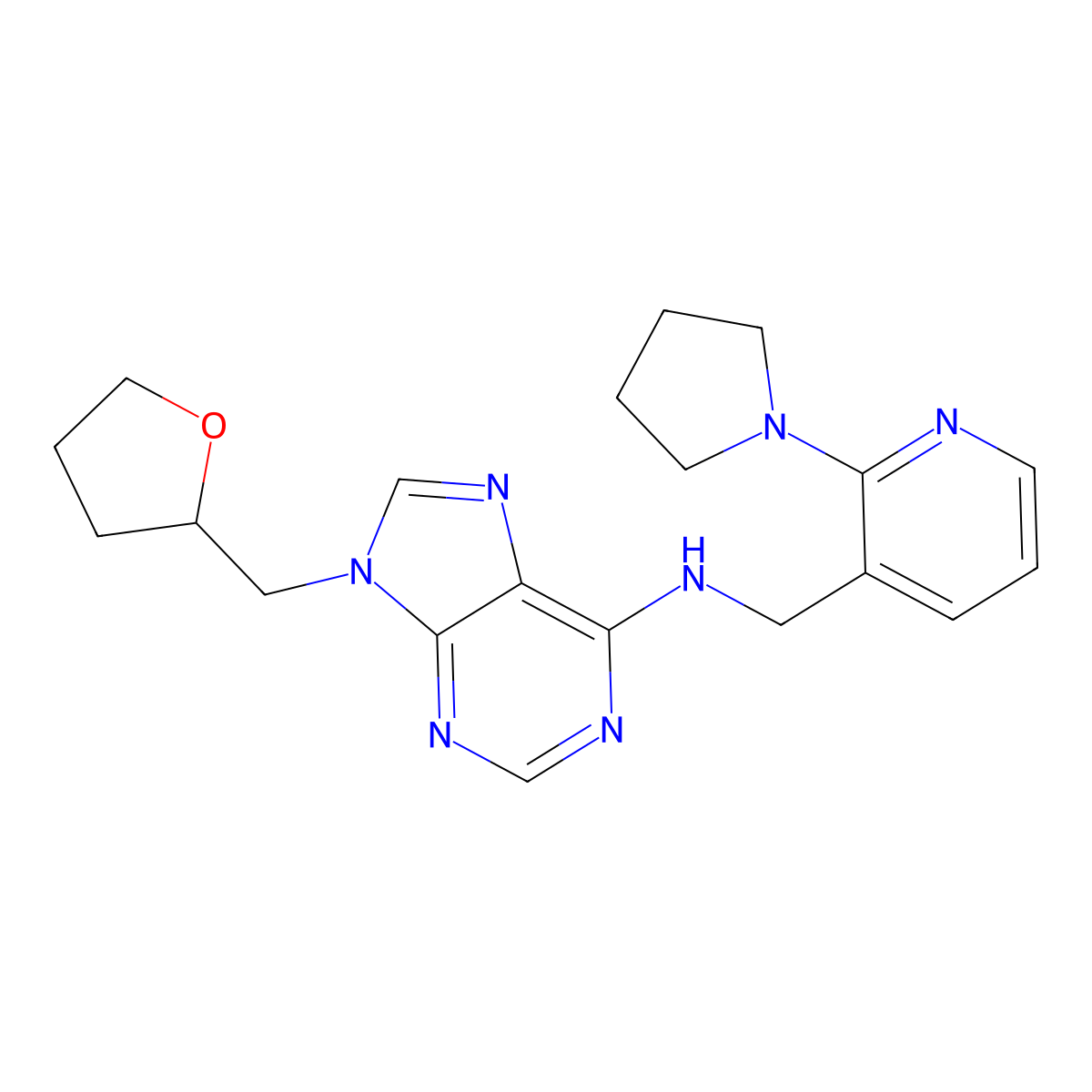 9-[(oxolan-2-yl)methyl]-N-{[2-(pyrrolidin-1-yl)pyridin-3-yl]methyl}-9H-purin-6-amine molecular structure, CAS 2770624-18-3