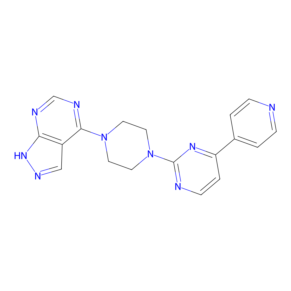 2-(4-{1H-pyrazolo[3,4-d]pyrimidin-4-yl}piperazin-1-yl)-4-(pyridin-4-yl)pyrimidine molecular structure, CAS 2770624-20-7