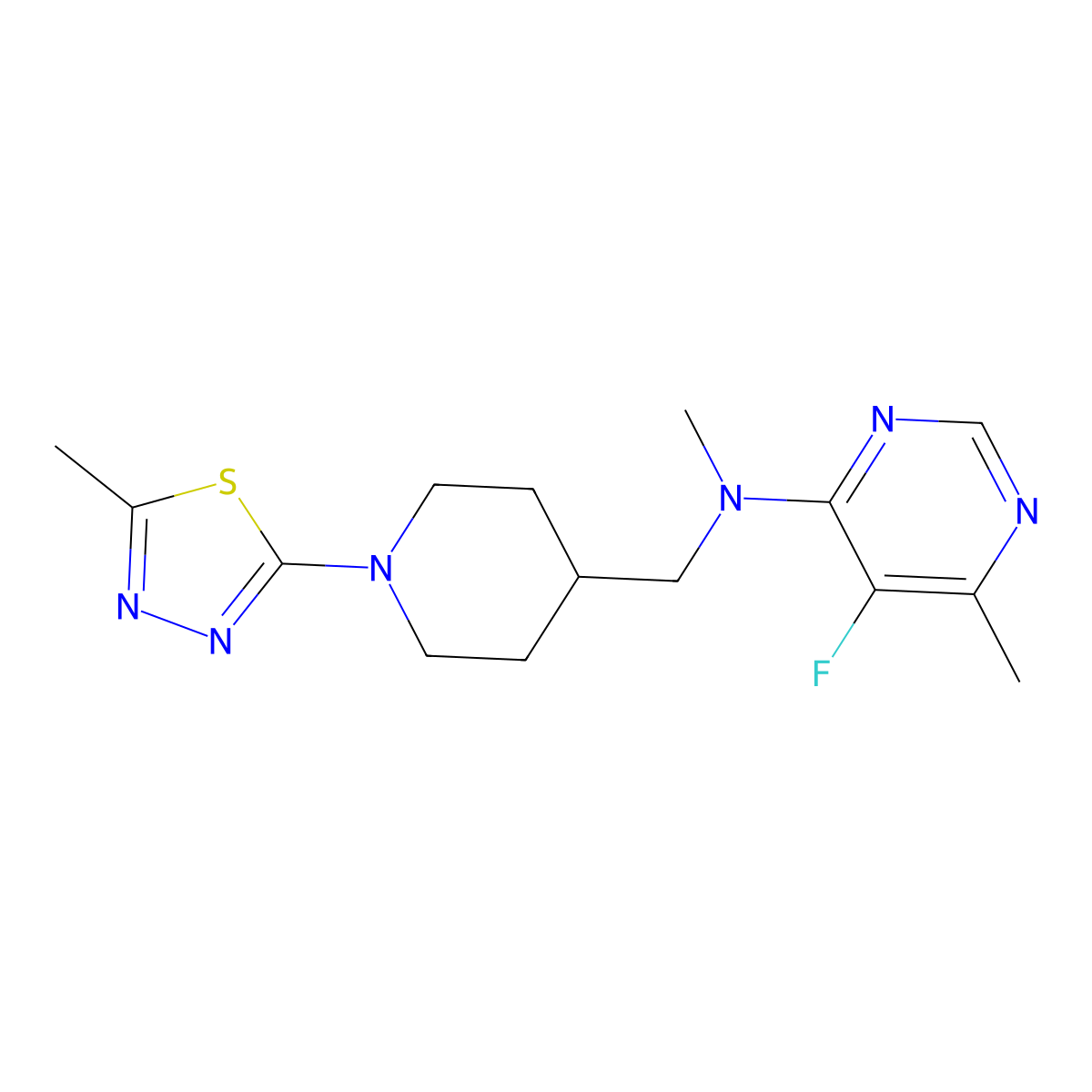 5-fluoro-N,6-dimethyl-N-{[1-(5-methyl-1,3,4-thiadiazol-2-yl)piperidin-4-yl]methyl}pyrimidin-4-amine molecular structure, CAS 2770624-21-8