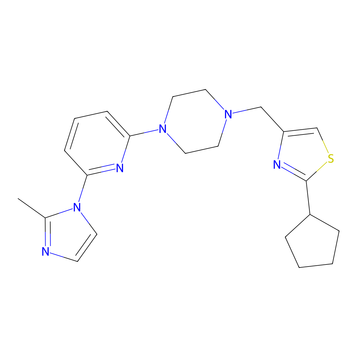 1-[(2-cyclopentyl-1,3-thiazol-4-yl)methyl]-4-[6-(2-methyl-1H-imidazol-1-yl)pyridin-2-yl]piperazine molecular structure, CAS 2770624-24-1