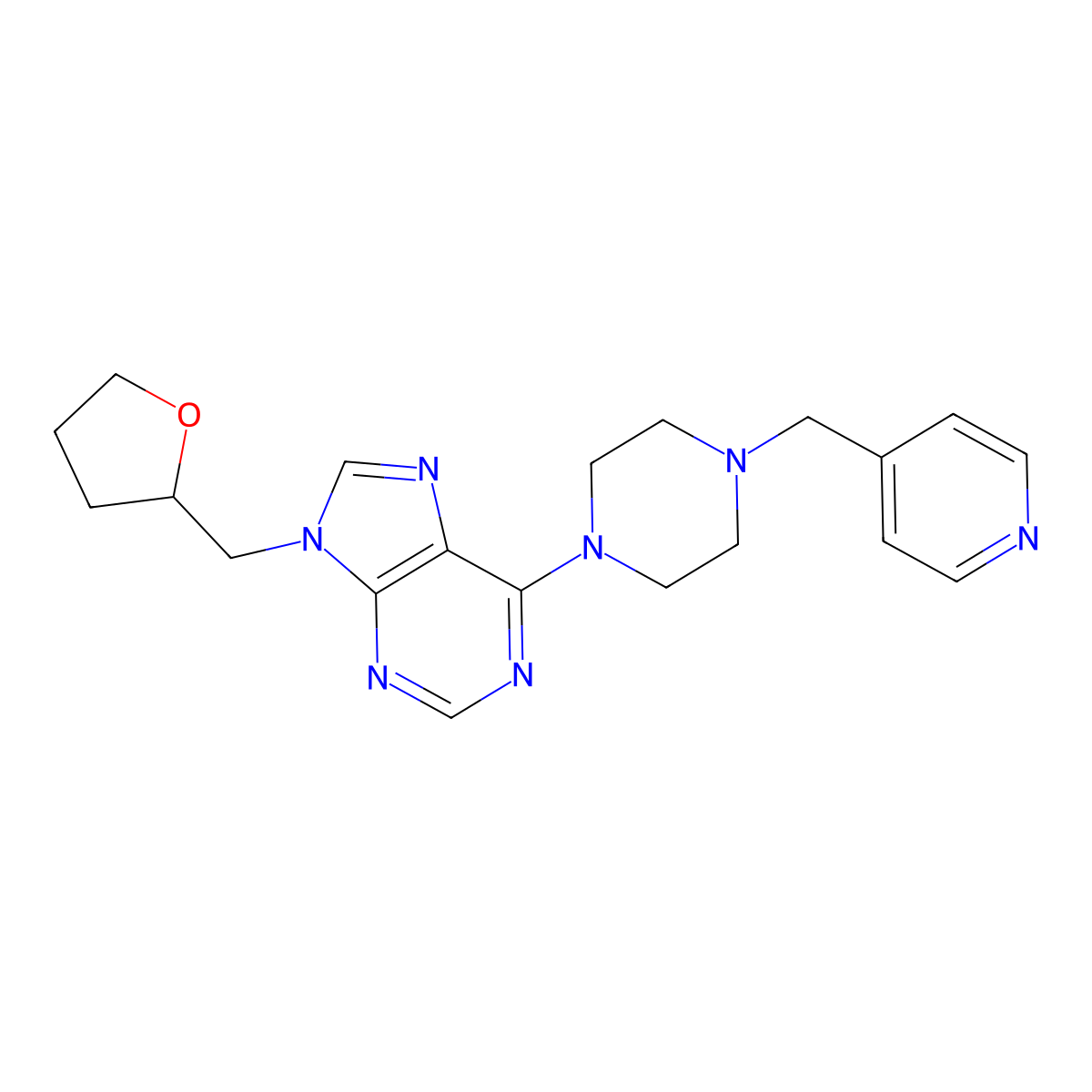 9-[(oxolan-2-yl)methyl]-6-{4-[(pyridin-4-yl)methyl]piperazin-1-yl}-9H-purine molecular structure, CAS 2770624-30-9