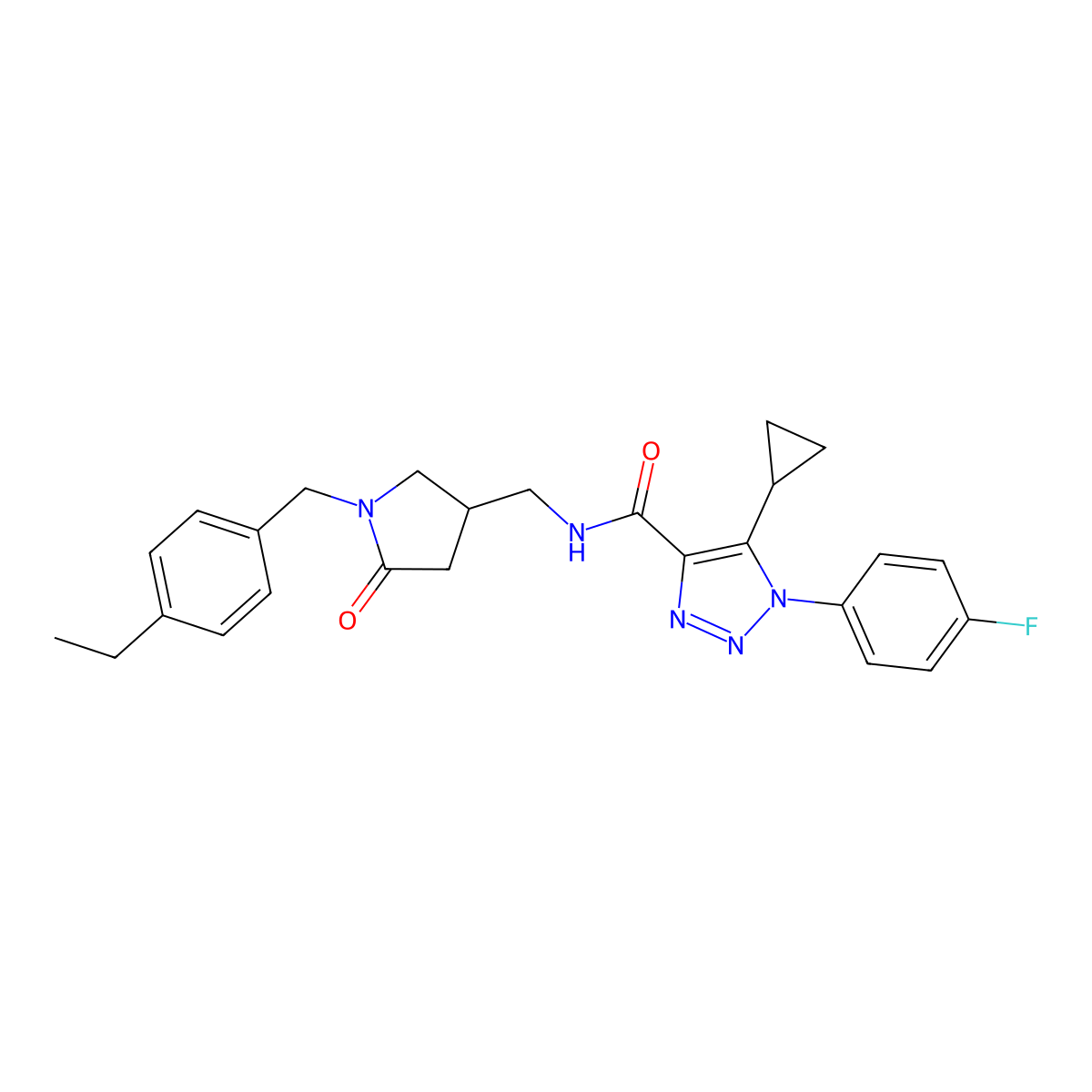 5-cyclopropyl-N-({1-[(4-ethylphenyl)methyl]-5-oxopyrrolidin-3-yl}methyl)-1-(4-fluorophenyl)-1H-1,2,3-triazole-4-carboxamide molecular structure, CAS 2770624-38-7