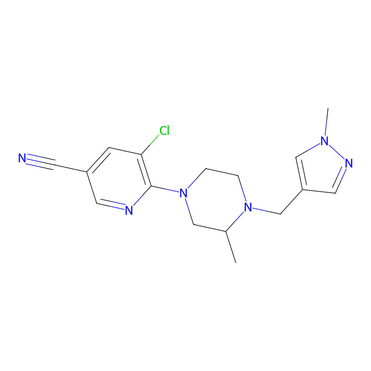 5-chloro-6-{3-methyl-4-[(1-methyl-1H-pyrazol-4-yl)methyl]piperazin-1-yl}pyridine-3-carbonitrile molecular structure, CAS 2770624-42-3