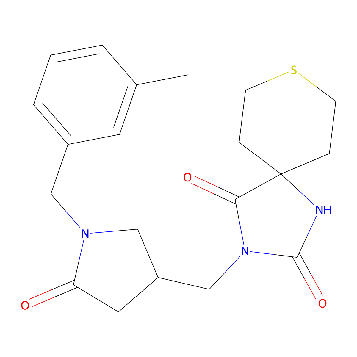 3-({1-[(3-Methylphenyl)methyl]-5-oxopyrrolidin-3-yl}methyl)-8-thia-1,3-diazaspiro[4.5]decane-2,4-dione molecular structure, CAS 2770624-54-7