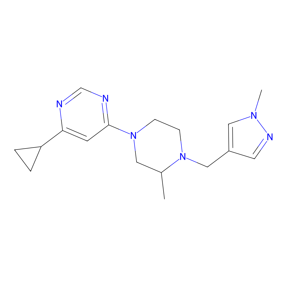 4-cyclopropyl-6-{3-methyl-4-[(1-methyl-1H-pyrazol-4-yl)methyl]piperazin-1-yl}pyrimidine molecular structure, CAS 2770624-55-8