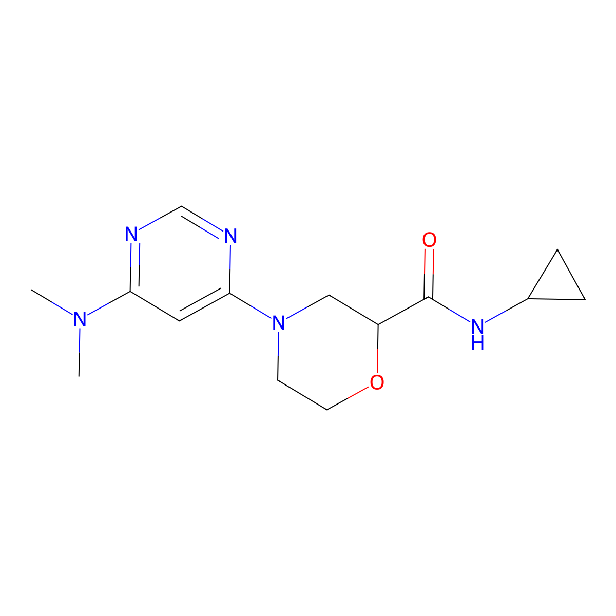 N-cyclopropyl-4-[6-(dimethylamino)pyrimidin-4-yl]morpholine-2-carboxamide molecular structure, CAS 2770624-57-0