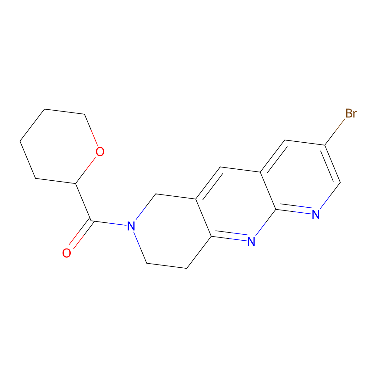 3-bromo-7-(oxane-2-carbonyl)-6H,7H,8H,9H-pyrido[2,3-b]1,6-naphthyridine molecular structure, CAS 2770624-60-5