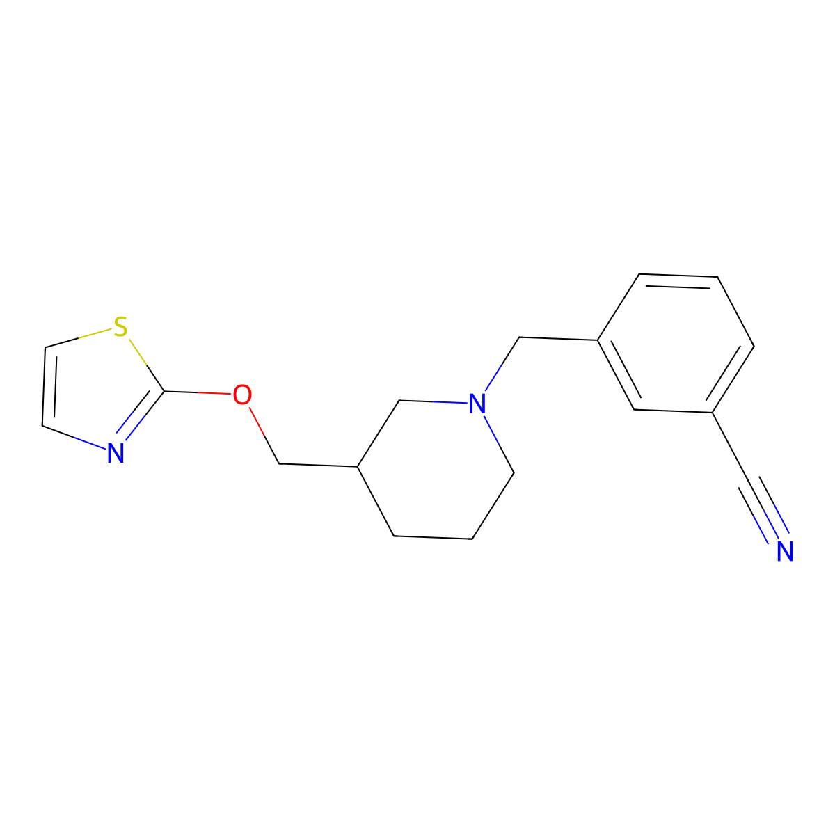 3-({3-[(1,3-Thiazol-2-yloxy)methyl]piperidin-1-yl}methyl)benzonitrile molecular structure, CAS 2770624-61-6