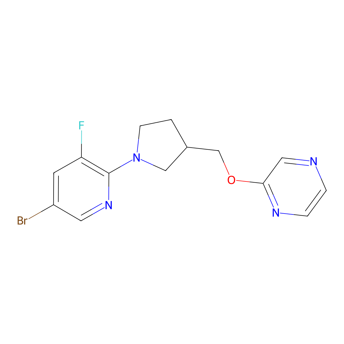 2-{[1-(5-Bromo-3-fluoropyridin-2-yl)pyrrolidin-3-yl]methoxy}pyrazine molecular structure, CAS 2770624-70-7