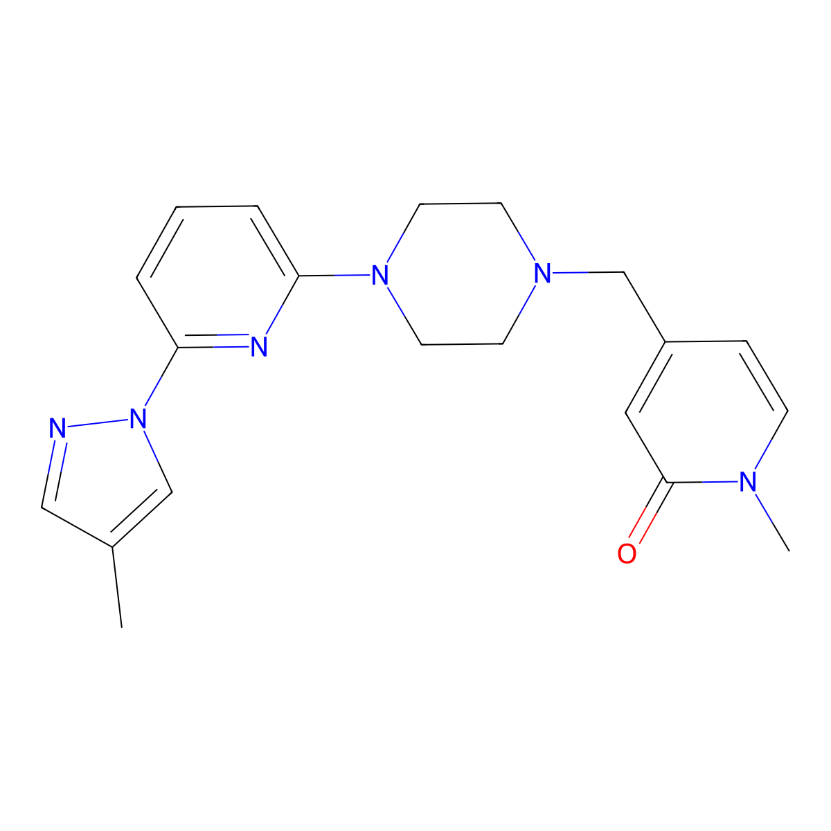 1-methyl-4-({4-[6-(4-methyl-1H-pyrazol-1-yl)pyridin-2-yl]piperazin-1-yl}methyl)-1,2-dihydropyridin-2-one molecular structure, CAS 2770624-74-1