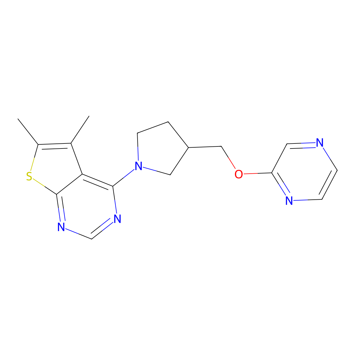 2-[(1-{5,6-Dimethylthieno[2,3-d]pyrimidin-4-yl}pyrrolidin-3-yl)methoxy]pyrazine molecular structure, CAS 2770624-77-4