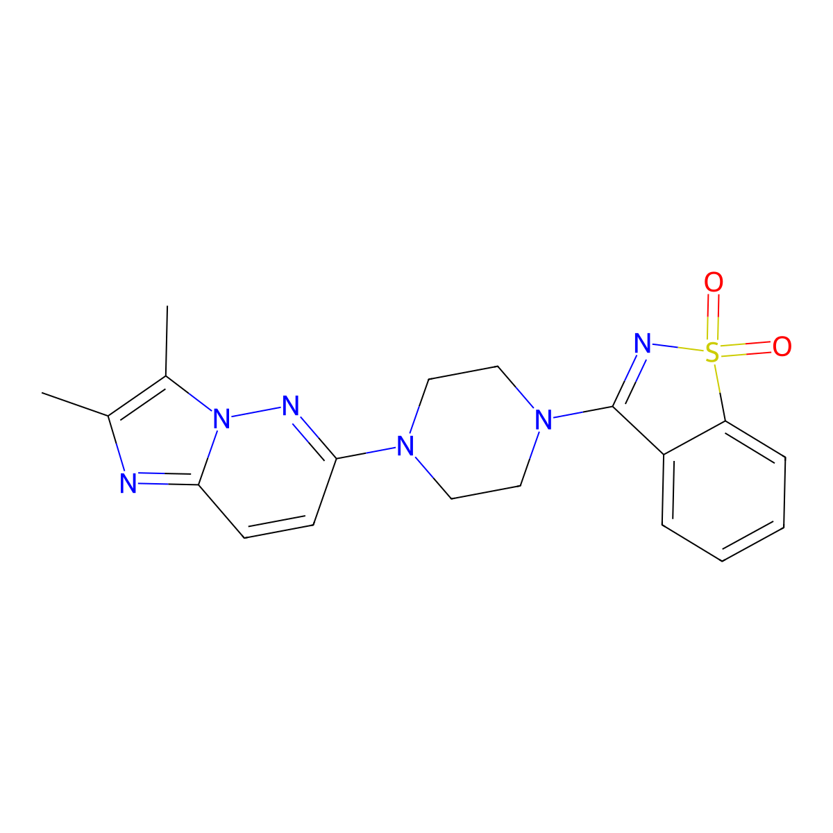 3-[4-(2,3-Dimethylimidazo[1,2-b]pyridazin-6-yl)piperazin-1-yl]-1,2-benzothiazole 1,1-dioxide molecular structure, CAS 2770624-80-9