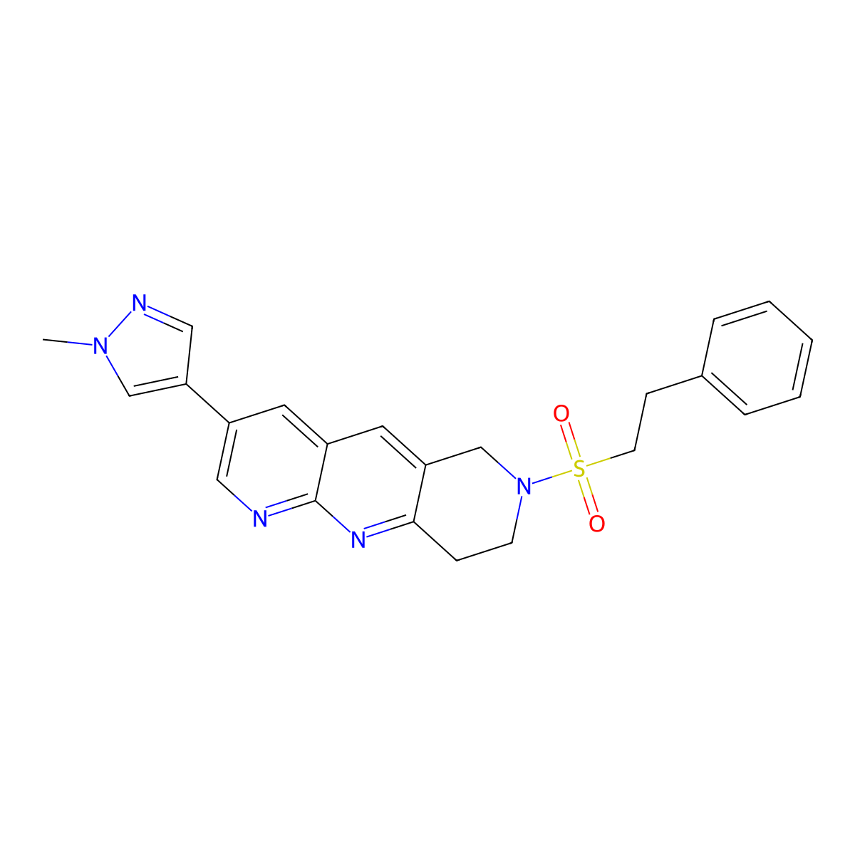 1-methyl-4-[7-(2-phenylethanesulfonyl)-6H,7H,8H,9H-pyrido[2,3-b]1,6-naphthyridin-3-yl]-1H-pyrazole molecular structure, CAS 2770624-85-4