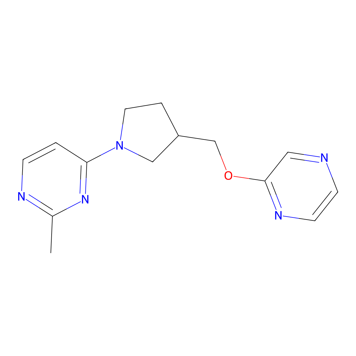 2-Methyl-4-{3-[(pyrazin-2-yloxy)methyl]pyrrolidin-1-yl}pyrimidine molecular structure, CAS 2770624-86-5