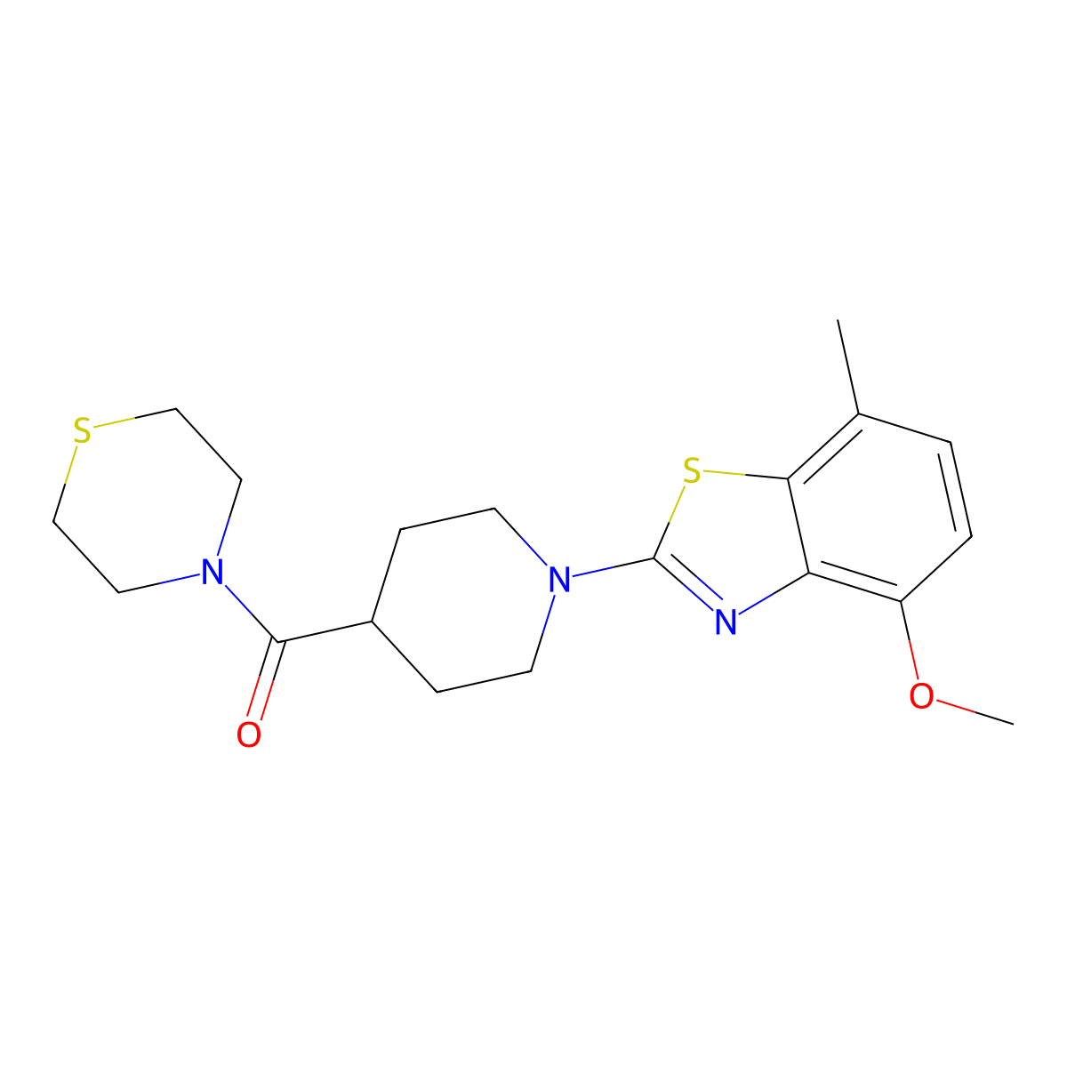4-Methoxy-7-methyl-2-[4-(thiomorpholine-4-carbonyl)piperidin-1-yl]-1,3-benzothiazole molecular structure, CAS 2770624-87-6
