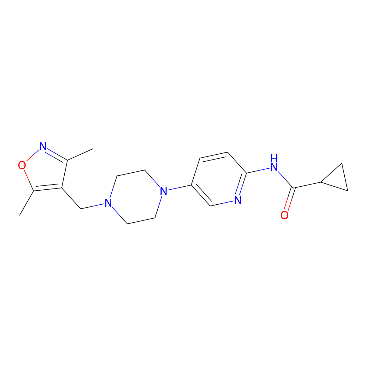 N-(5-{4-[(3,5-dimethyl-1,2-oxazol-4-yl)methyl]piperazin-1-yl}pyridin-2-yl)cyclopropanecarboxamide molecular structure, CAS 2770624-88-7
