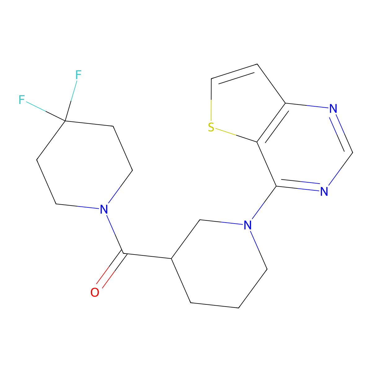 3-(4,4-Difluoropiperidine-1-carbonyl)-1-{thieno[3,2-d]pyrimidin-4-yl}piperidine molecular structure, CAS 2770624-95-6