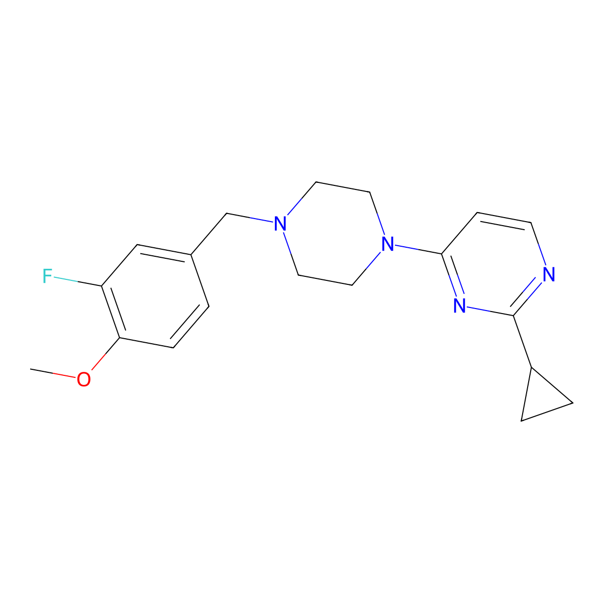 2-Cyclopropyl-4-{4-[(3-fluoro-4-methoxyphenyl)methyl]piperazin-1-yl}pyrimidine molecular structure, CAS 2770625-06-2